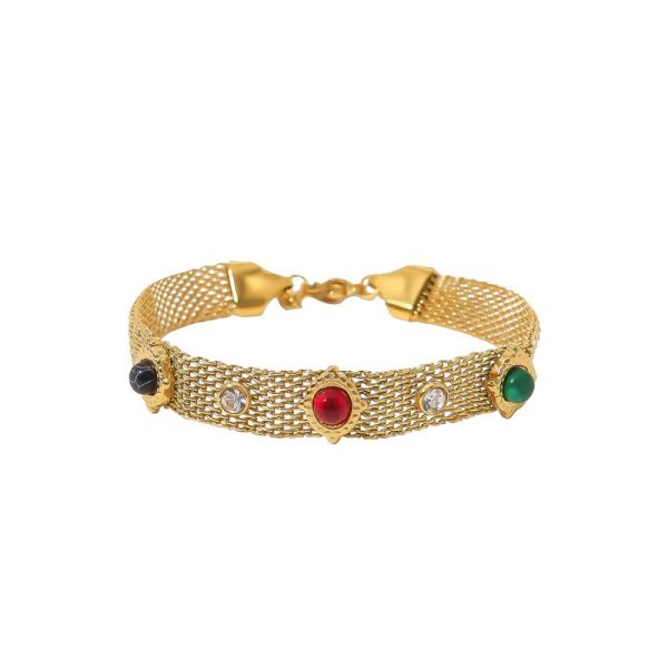 Pulseira em aço grossa pedras redondas