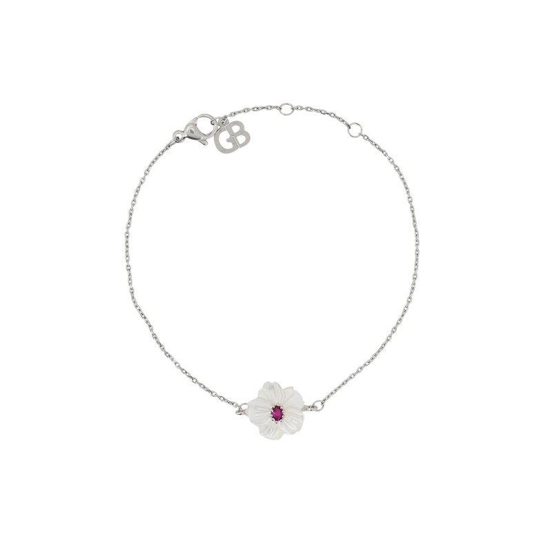 Pulseira em aço madrepérola flor vermelha