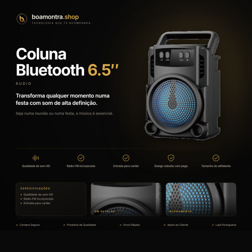 Eleva a tua música com Coluna Bluetooth 6.5"