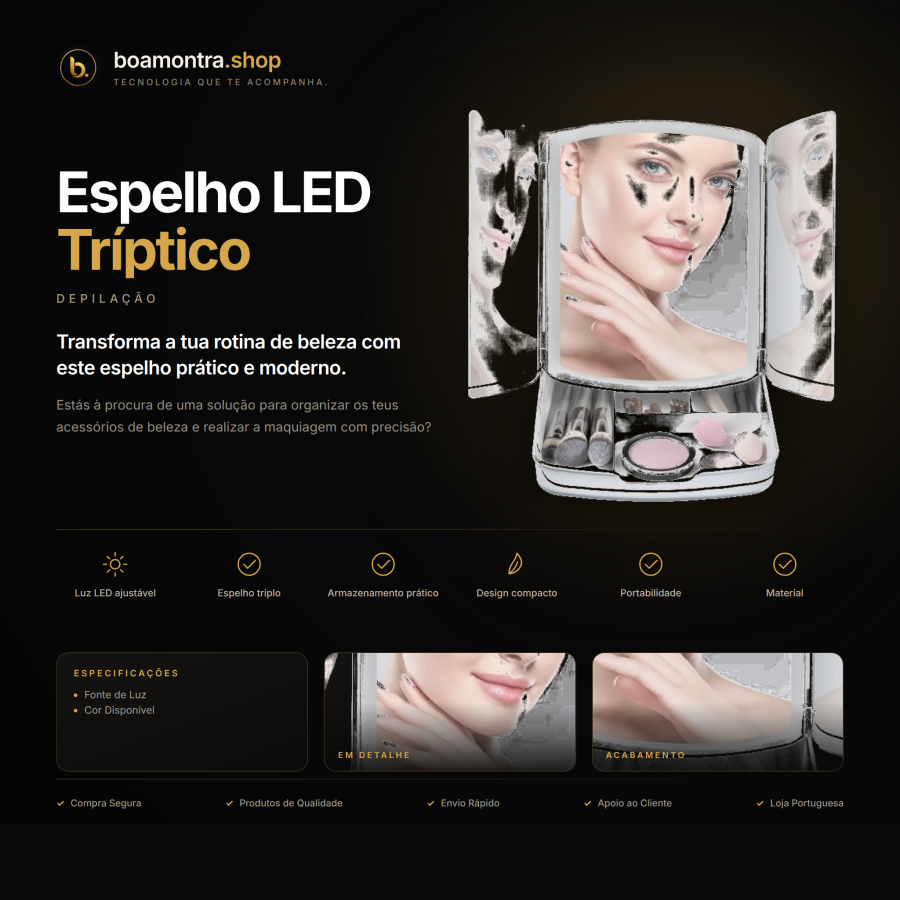 Organiza a Tua Beleza com Espelho LED Tríptico
