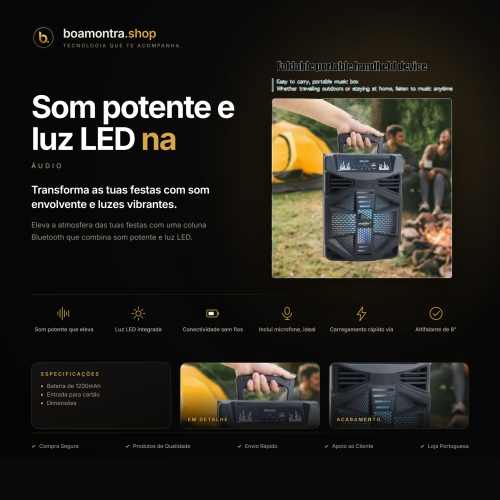 Som potente e luz LED na coluna Bluetooth