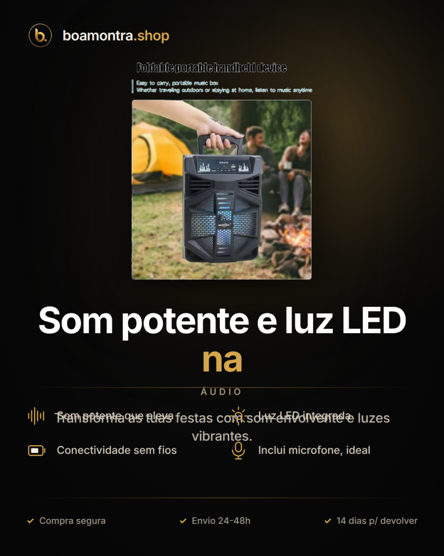 Som potente e luz LED na coluna Bluetooth