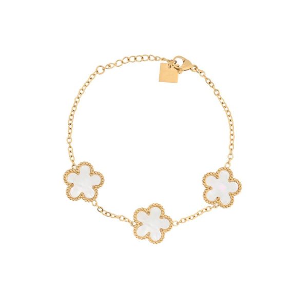 Pulseira em aço com três trevos brancos