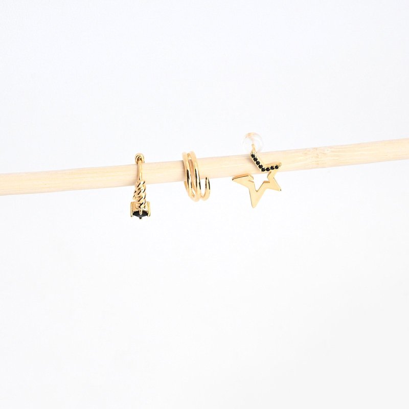 Conjunto brincos banho ouro estrela preta