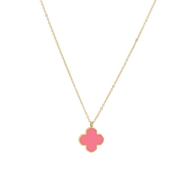 Colar em aço trevo rosa
