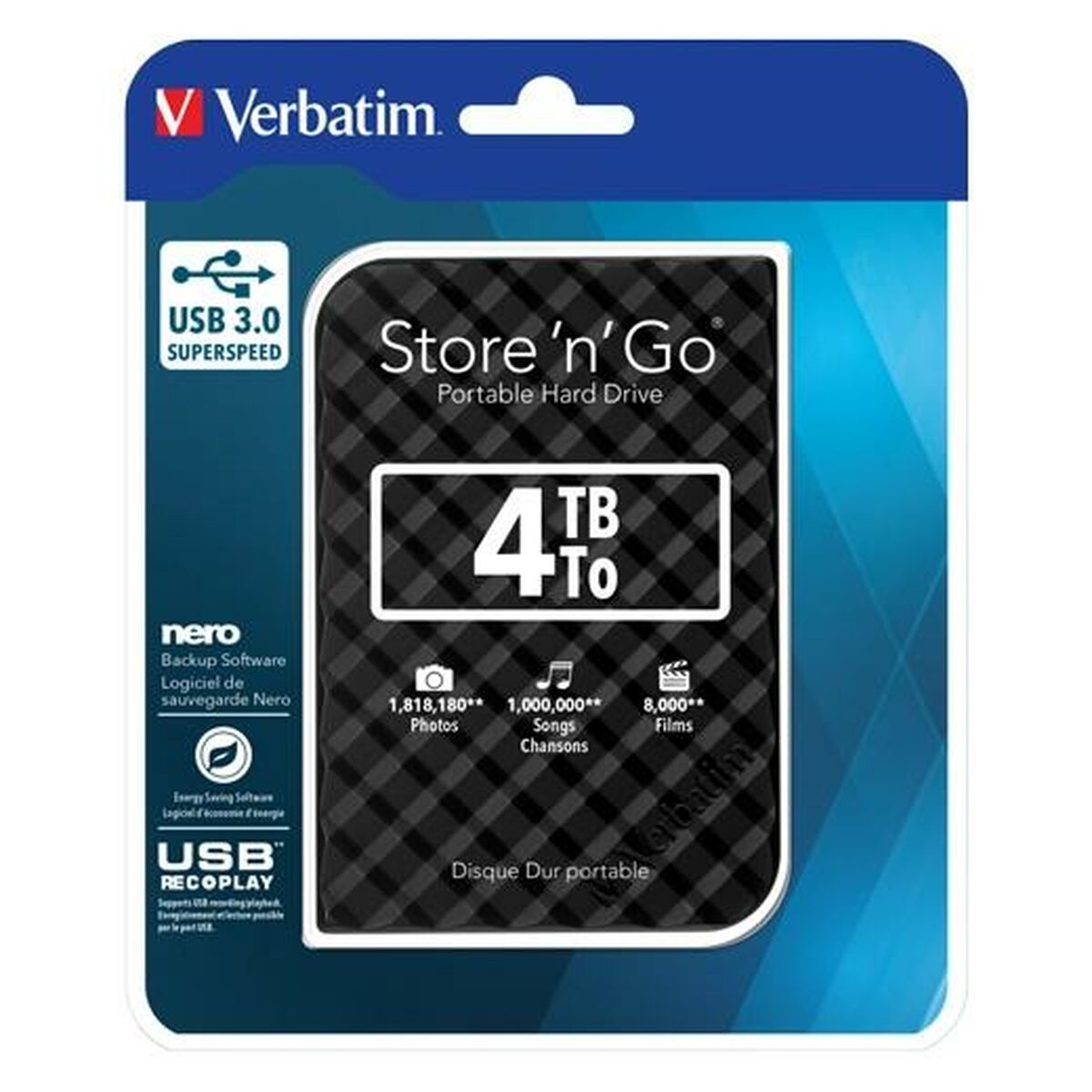 Disco Duro Externo Verbatim Disco Duro Portátil Store 'n' Go USB 3.0 de 4 TB en color Negro USB 3.0