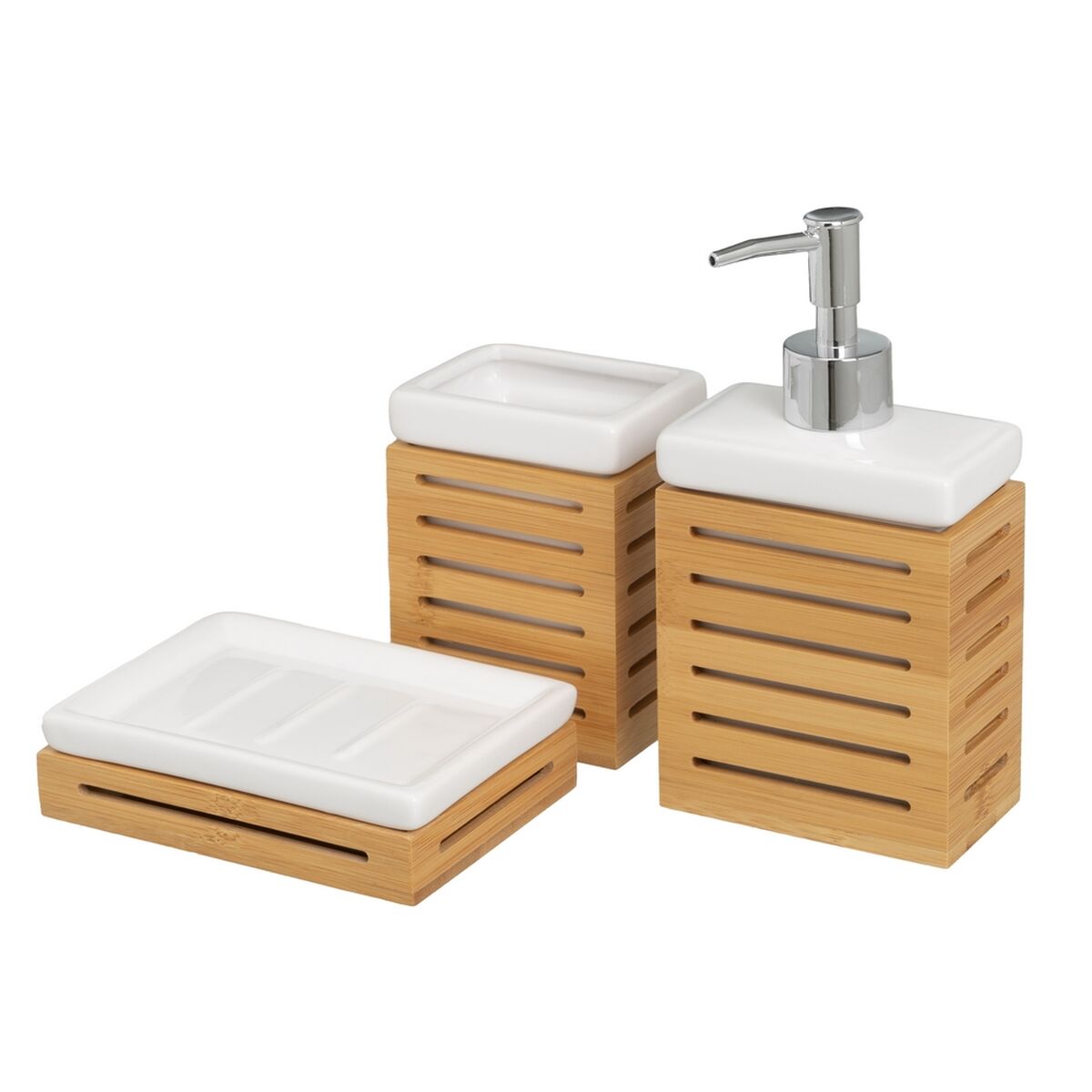 Conjunto de Banho Branco Natural Cerâmica Bambu 25,5 x 7,5 x 23,5 cm 3 Peças