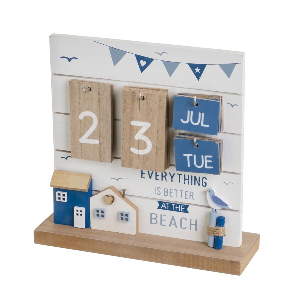 Calendário de Mesa Azul Branco Natural Madeira MDF 22 x 7 x 22 cm
