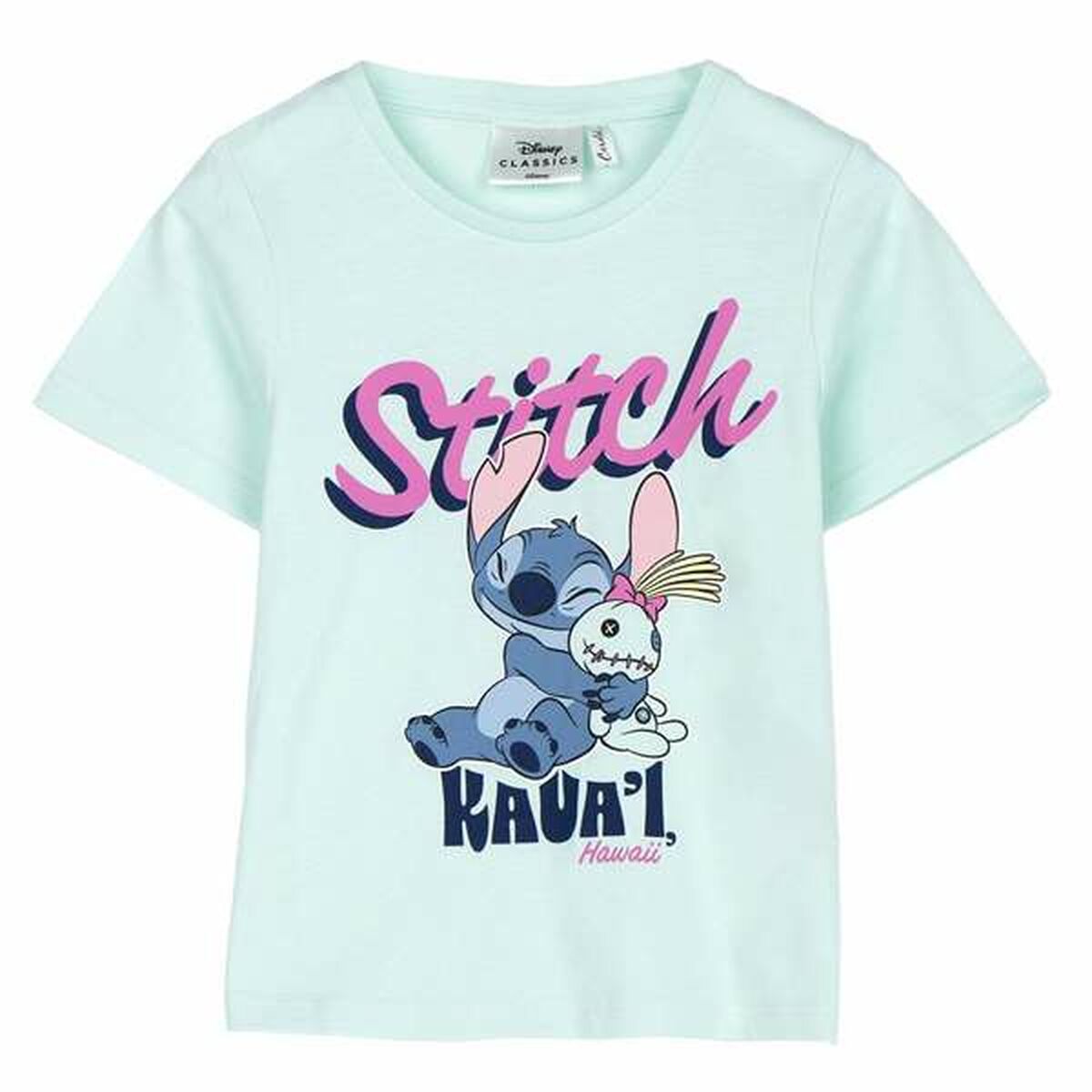 Camisola de Manga Curta Infantil Stitch Verde Turquesa