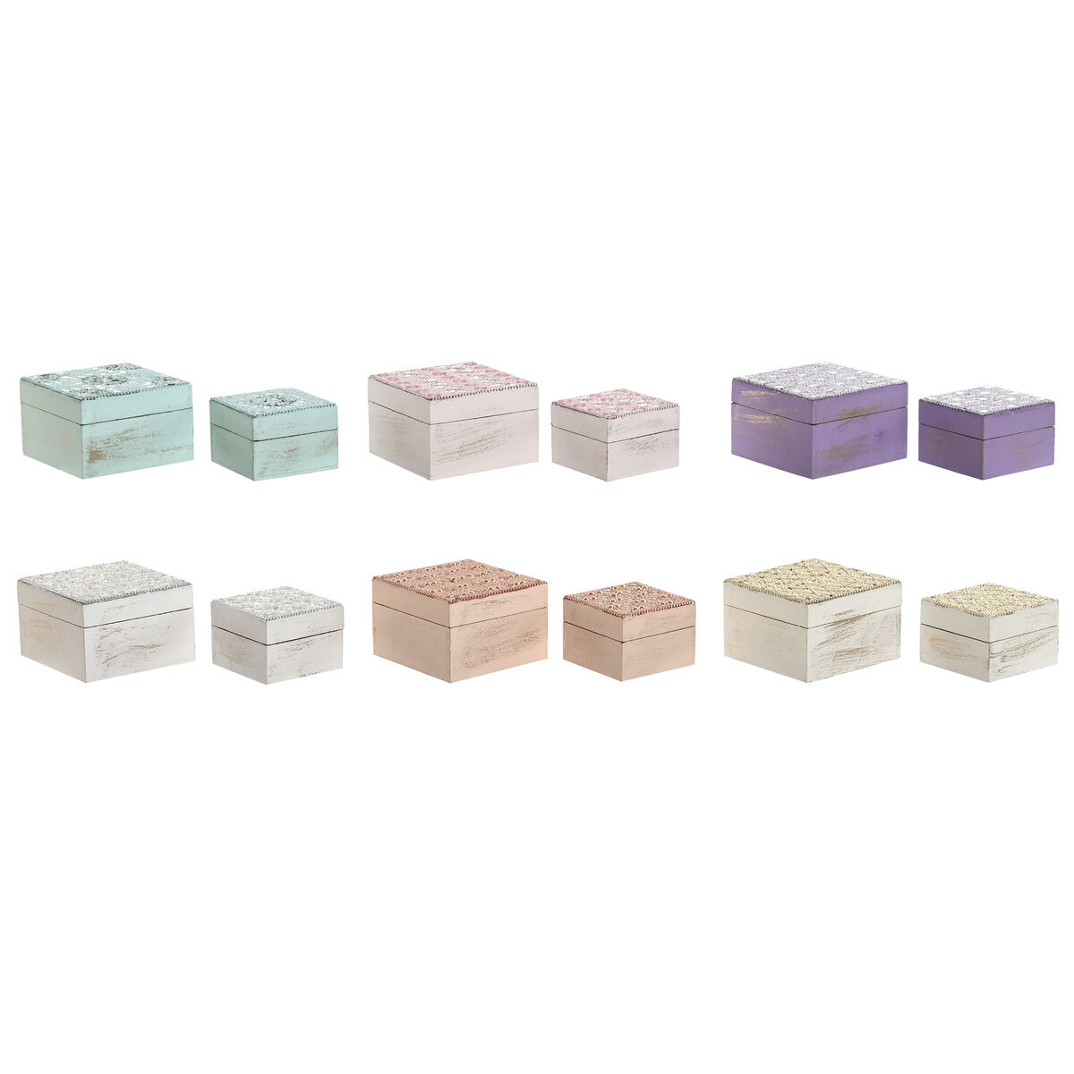 Guarda-Joias Home ESPRIT Multicolor Cor de Rosa Lilás Madeira de mangueira 10 X 10 X 6,6 cm (2 Peças) (6 Unidades)