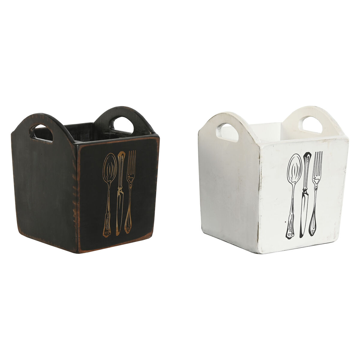 Cesto para talheres Home ESPRIT Branco Preto Madeira de abeto 15 x 15 x 18 cm
