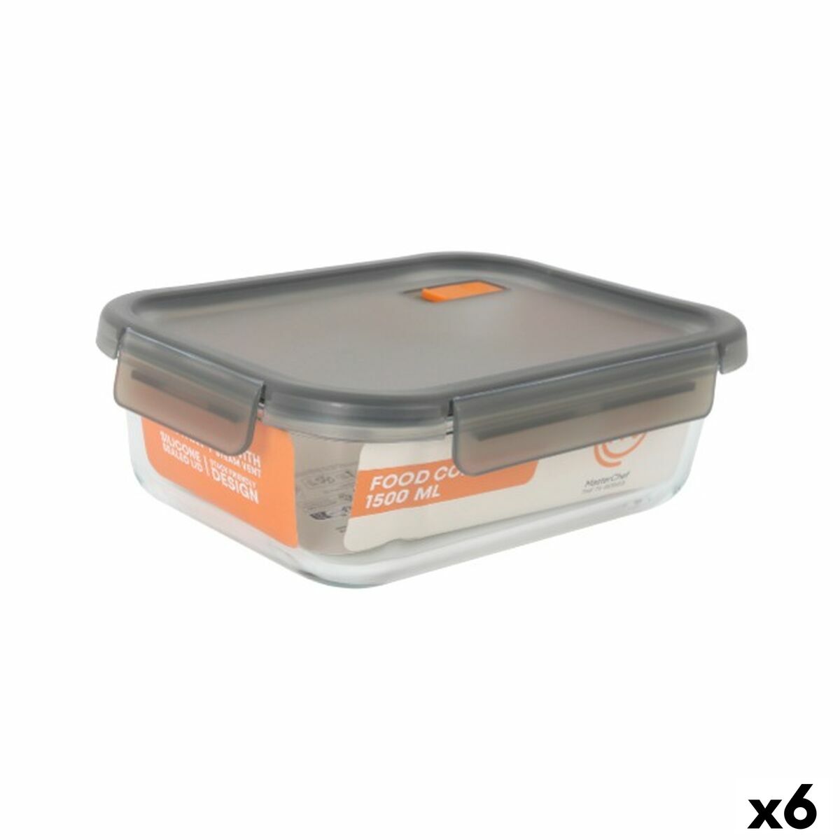 Lancheira Hermética MasterChef Cinzento Transparente Retangular 1,5 L (6 Unidades)