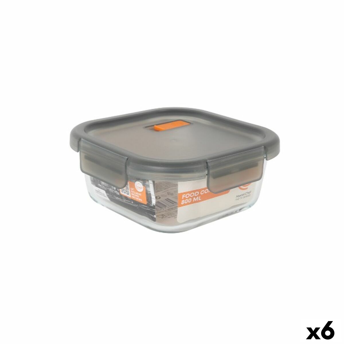 Lancheira Hermética MasterChef Cinzento Transparente Quadrado 800 ml (6 Unidades)