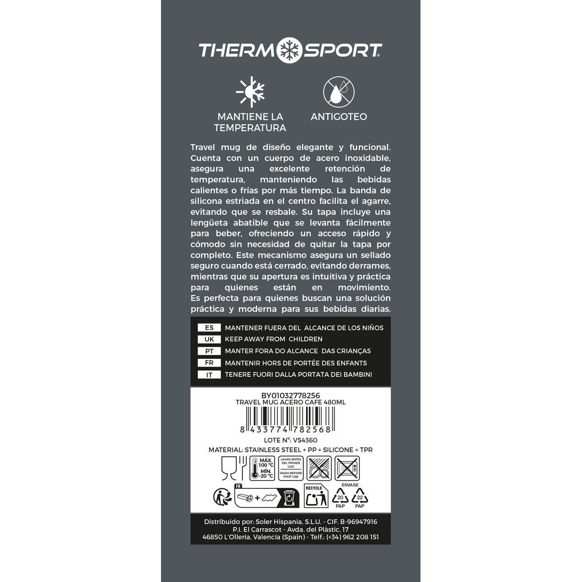 Caneca Térmica com Tampa ThermoSport 480 ml (9 Unidades)