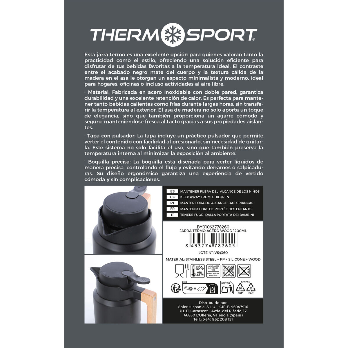 Jarra Térmica ThermoSport Preto 1,2 L (4 Unidades)