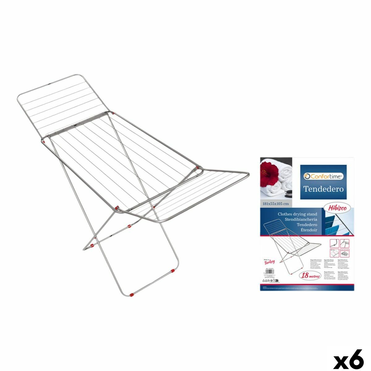 Estendal de Roupa Dobrável 18 m Confortime Hibisco Prateado Metal 180 x 55 x 109 cm (6 Unidades)
