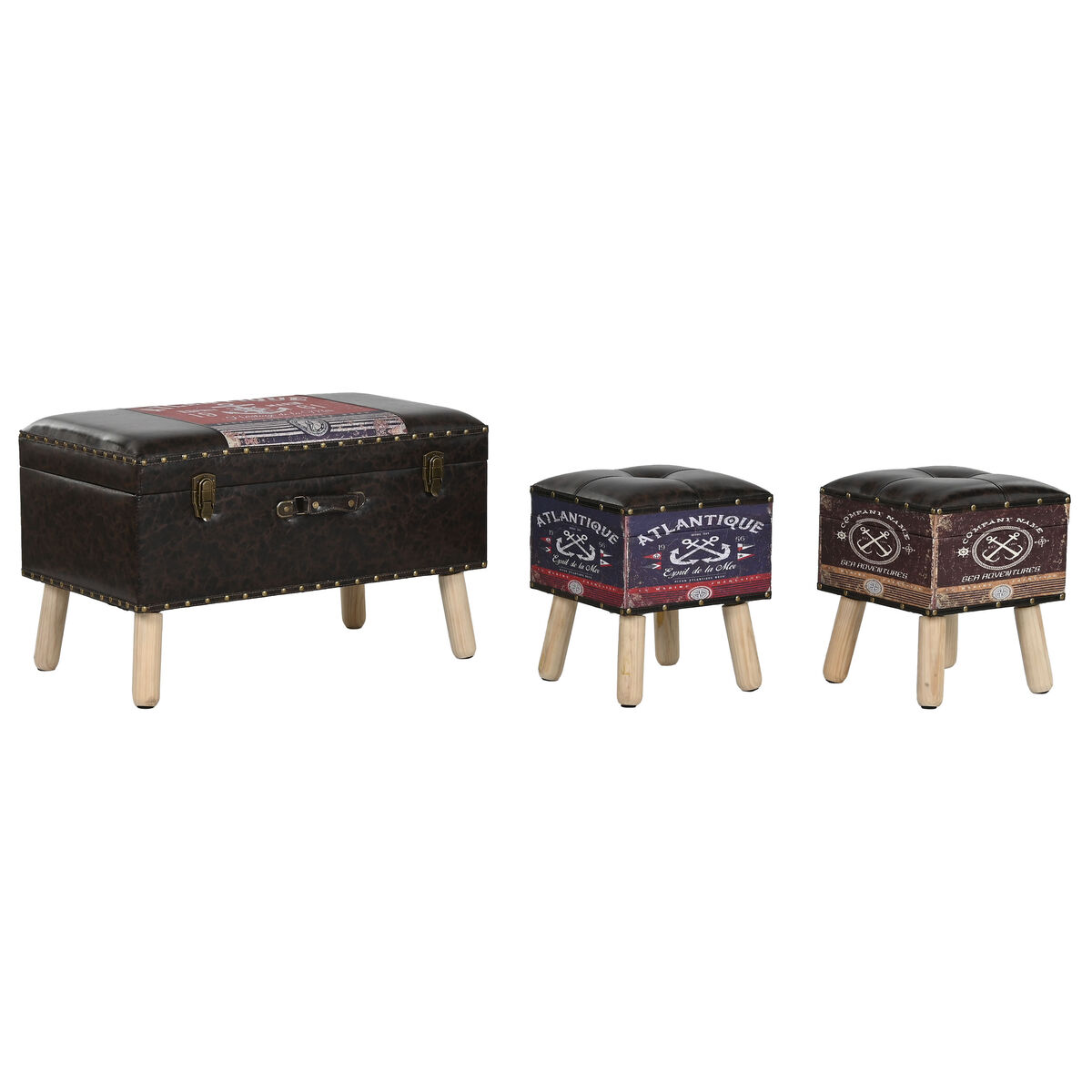 Conjunto de Baús Home ESPRIT Castanho Multicolor Poliuretano Madeira Vintage 70 x 40 x 45 cm (3 Unidades)