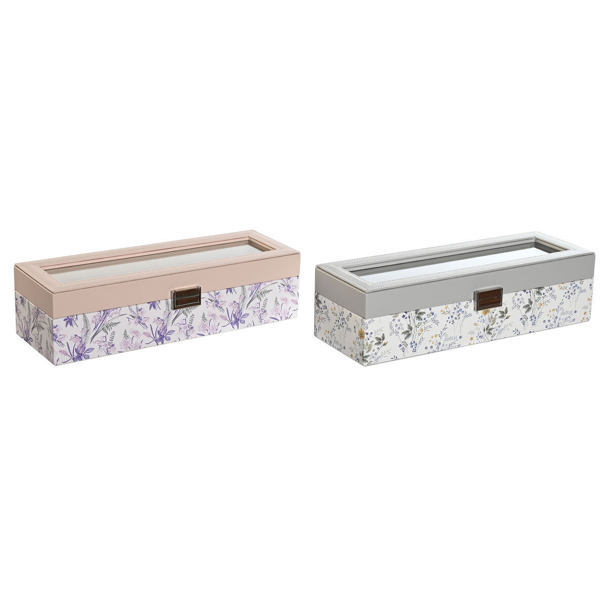 Caixa para relógios DKD Home Decor Branco Cinzento Lilás Rosa Claro Cristal 33 x 11 x 9 cm (2 Unidades)