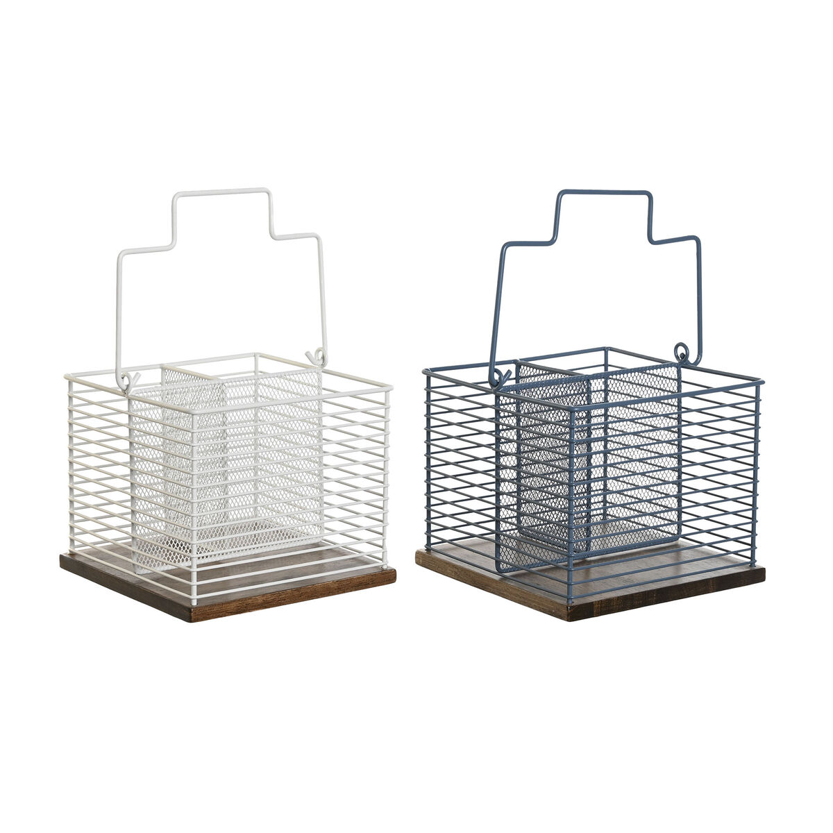 Cesto para talheres DKD Home Decor Azul Branco Metal Madeira da borracha 18 x 18 x 15 cm (2 Unidades)