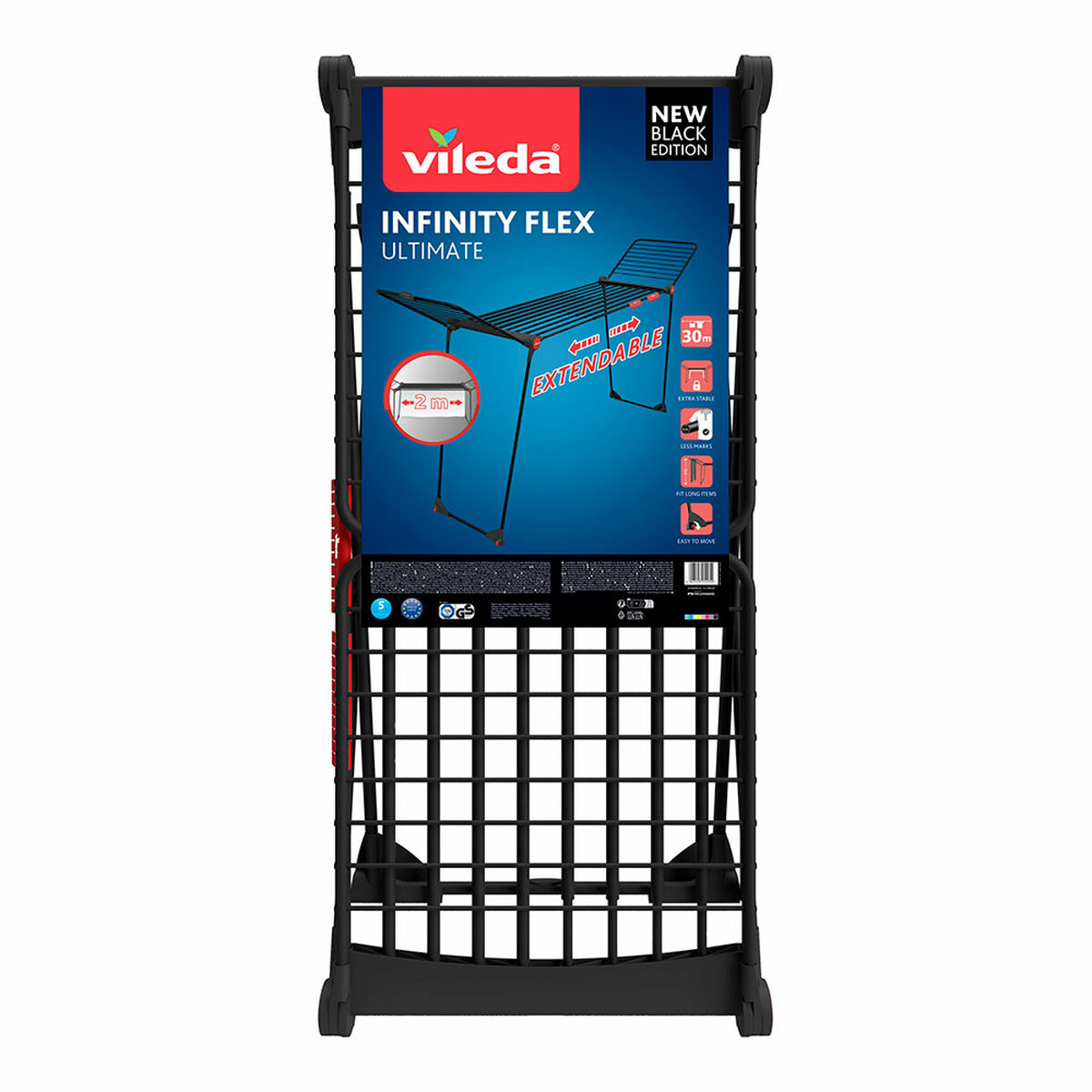 Estendal Vileda infinity flex ultimate Preto mate Aço 304 x 56 x 128 cm 30 m Extensível