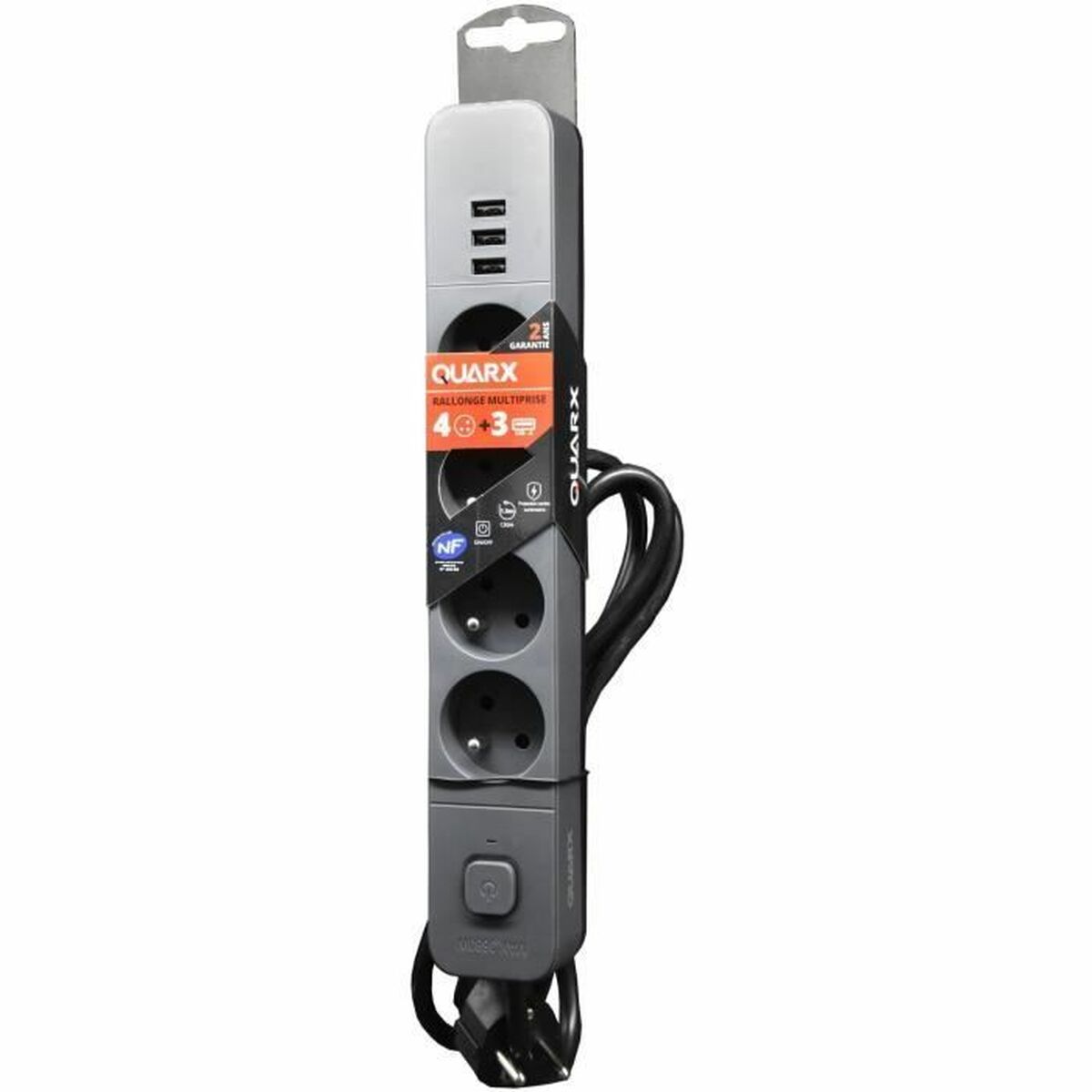 Extensão com 4 tomadas com interruptor QUARX (3 m)