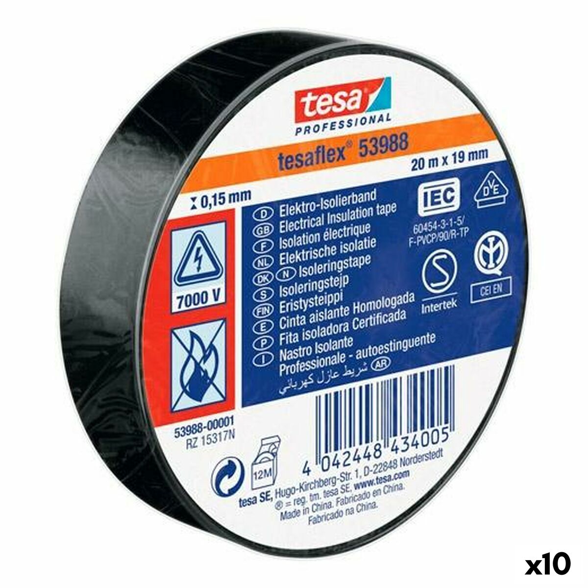 Fita isoladora TESA Preto PVC (10 Unidades)