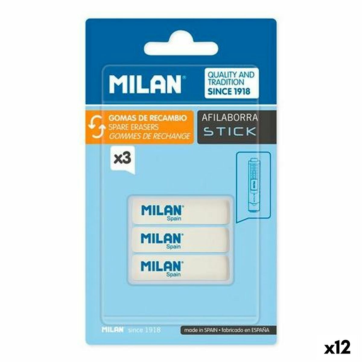 Conjunto de Borrachas Milan AFILABORRA STICK Branco 3 Peças (12 Unidades)