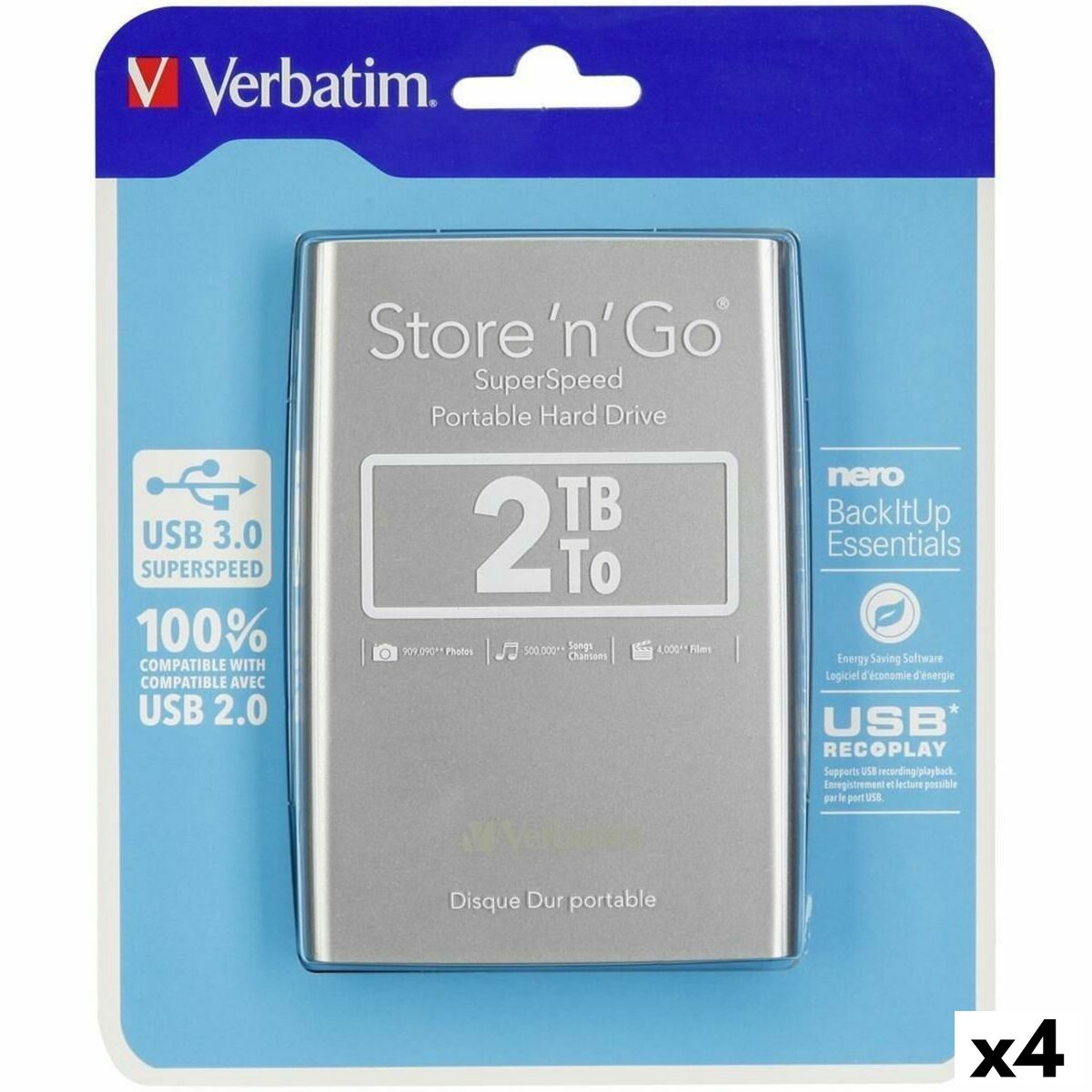 Disco Duro Externo Verbatim STORE 'N' GO Preto Prateado HDD 2 TB (4 Unidades)