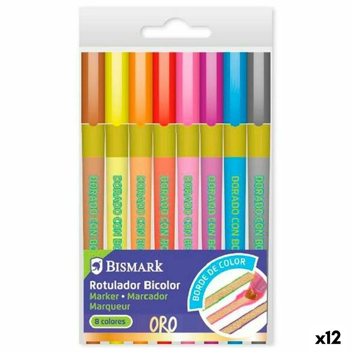 Conjunto de Canetas de Feltro Bismark Lettering Bicolor Multicolor Dourado 8 Peças (12 Unidades)