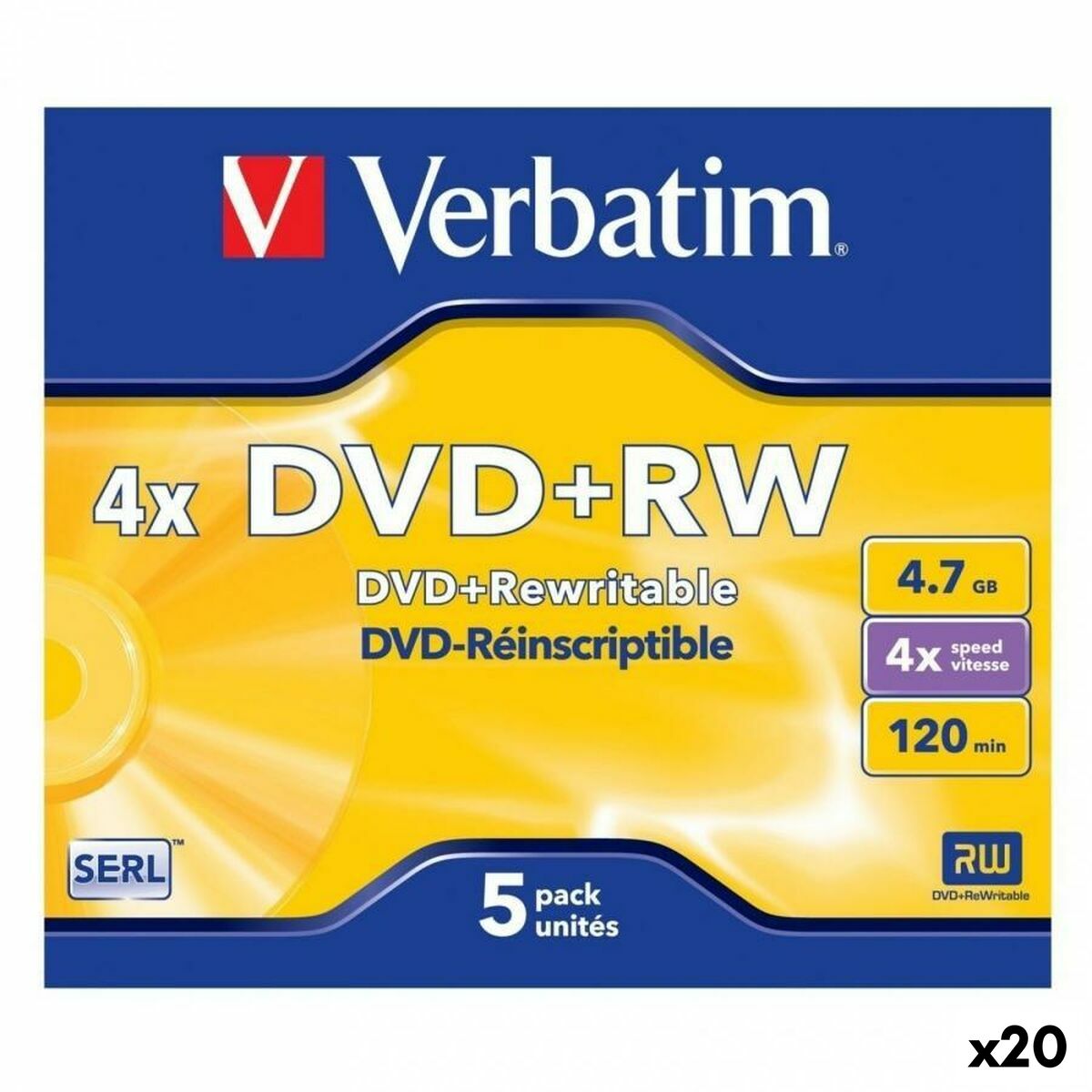 DVD+RW Verbatim 4,7 GB 4x 5 Peças (20 Unidades)