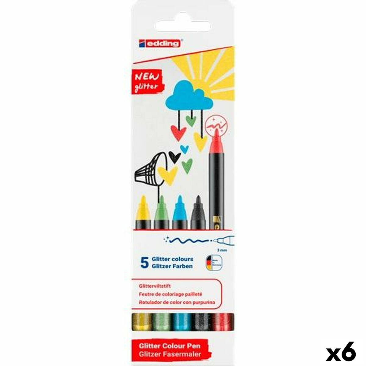 Conjunto de Canetas de Feltro Edding New Glitter Multicolor 5 Peças (6 Unidades)