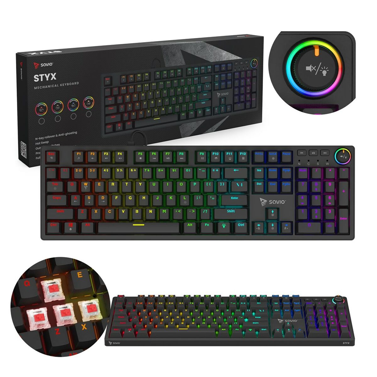 Teclado Savio STYX Outemu Red Preto Multicolor QWERTY