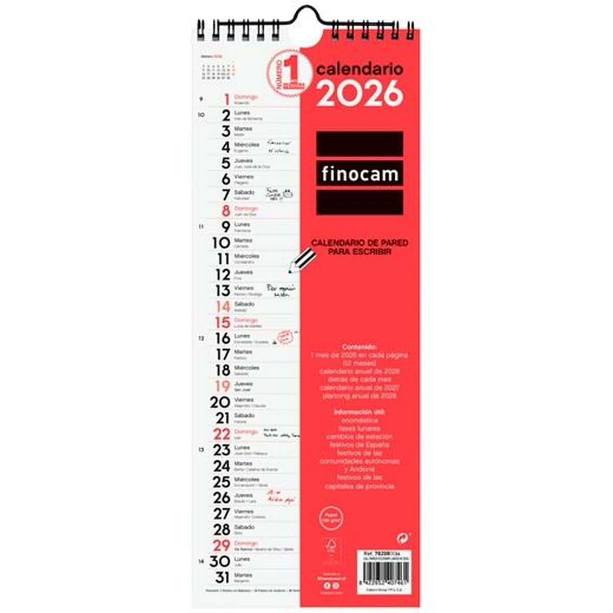 Calendário de parede Finocam Papel 2026 13 x 33 cm