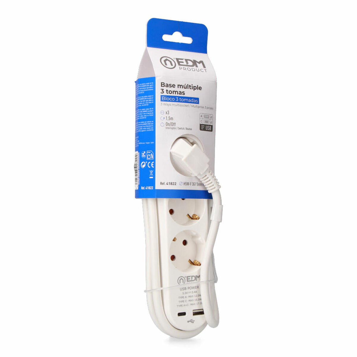 Extensão com 3 tomadas com interruptor EDM 41822 Branco 3680 W 250 V 30 W (1,5 m)