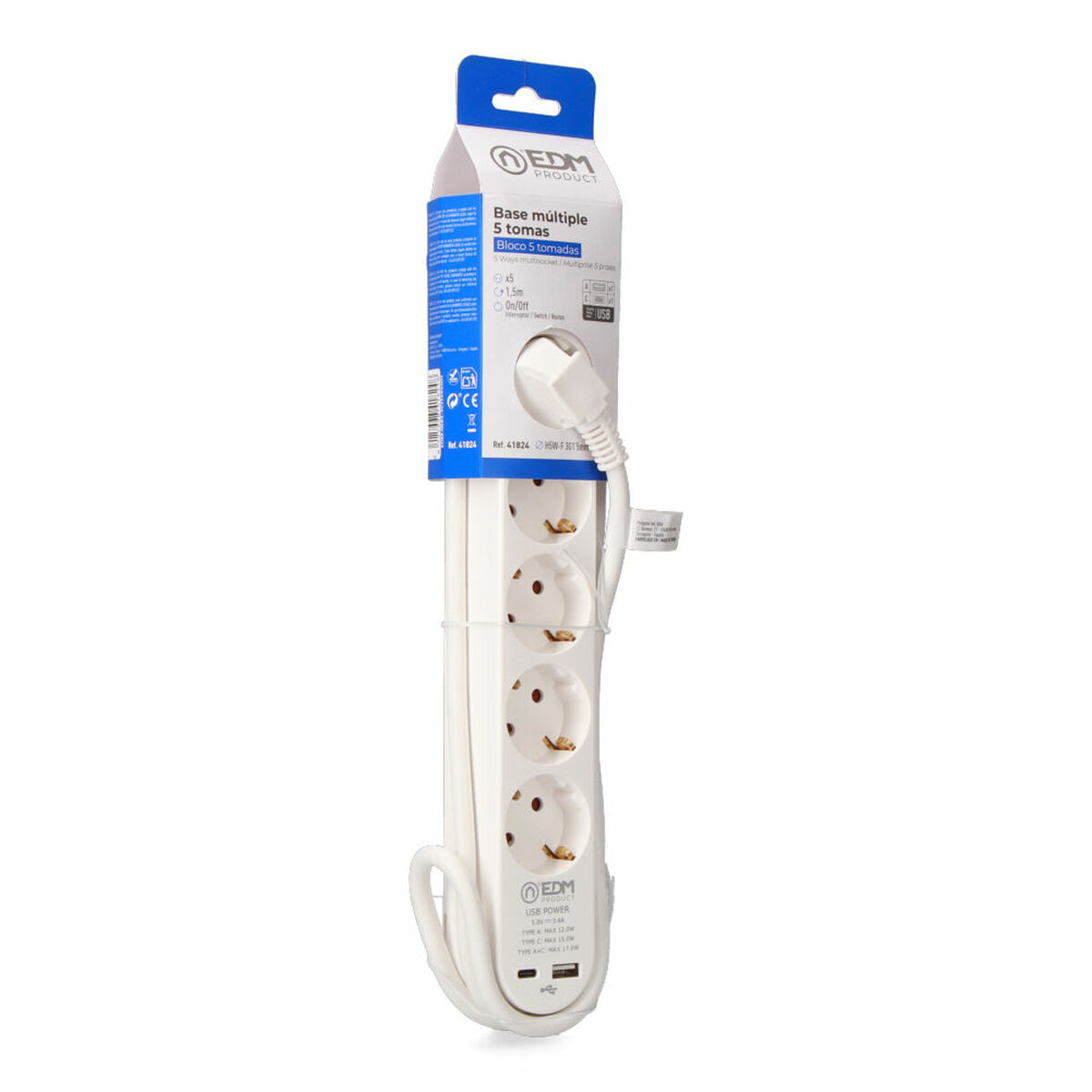 Extensão com 5 Tomadas com Interruptor EDM 41824 Branco 3680 W 250 V (1,5 m)