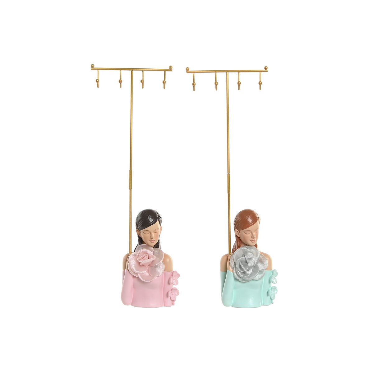 Suporte para Jóias Home ESPRIT Verde Cor de Rosa Resina 14 x 6 x 36 cm (2 Unidades)