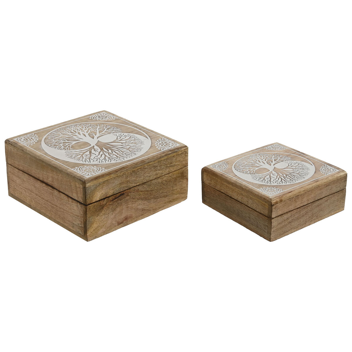 Guarda-Joias Home ESPRIT Branco Natural Madeira de mangueira 18 x 18 x 9 cm (2 Peças)