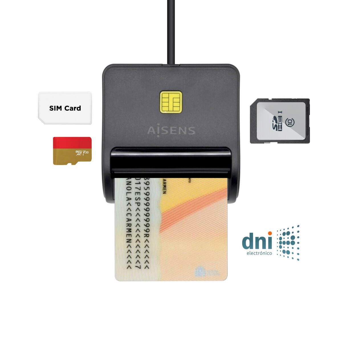 Leitor para DNI eletrónico Aisens ASCR-SN02SD-BK Preto