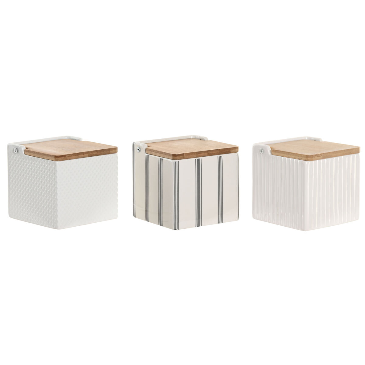 Saleiro com Tampa Home ESPRIT Branco Bambu Grés 11 x 11 x 11 cm (3 Unidades)