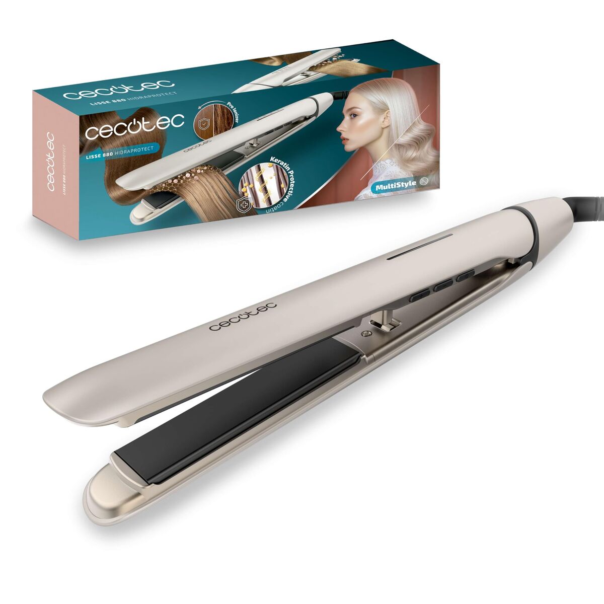 Cecotec Prancha de Cabelo Lisse 880 HidraProtect Turmalina 48W Pro Ionizer Queratina Champanhe