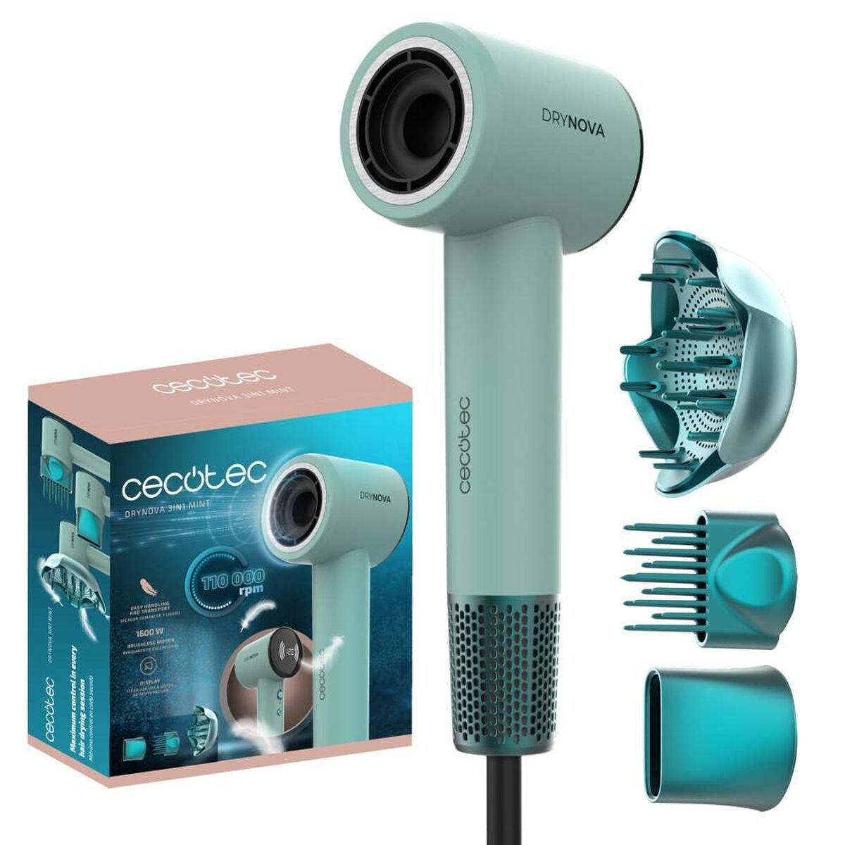 Secador de Cabelo Cecotec DryNova 3in1 1600W Ionizador Display Digital 3 Acessórios Menta