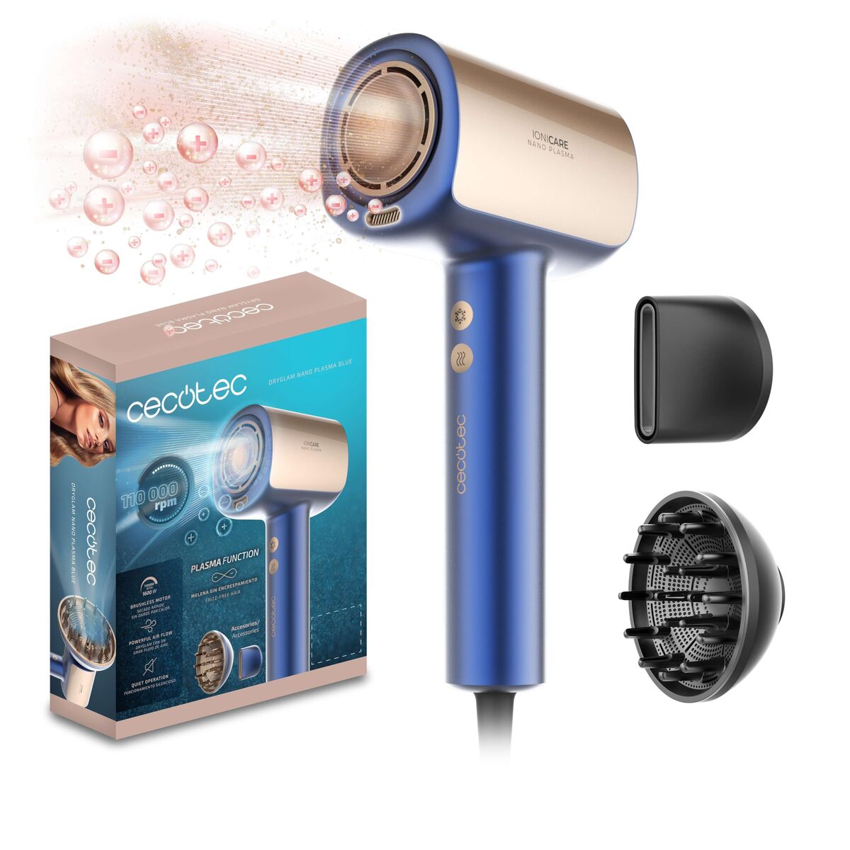 Cecotec Secador de Cabelo DryGlam Nano Plasma Blue 1600W Iónico Silencioso Azul