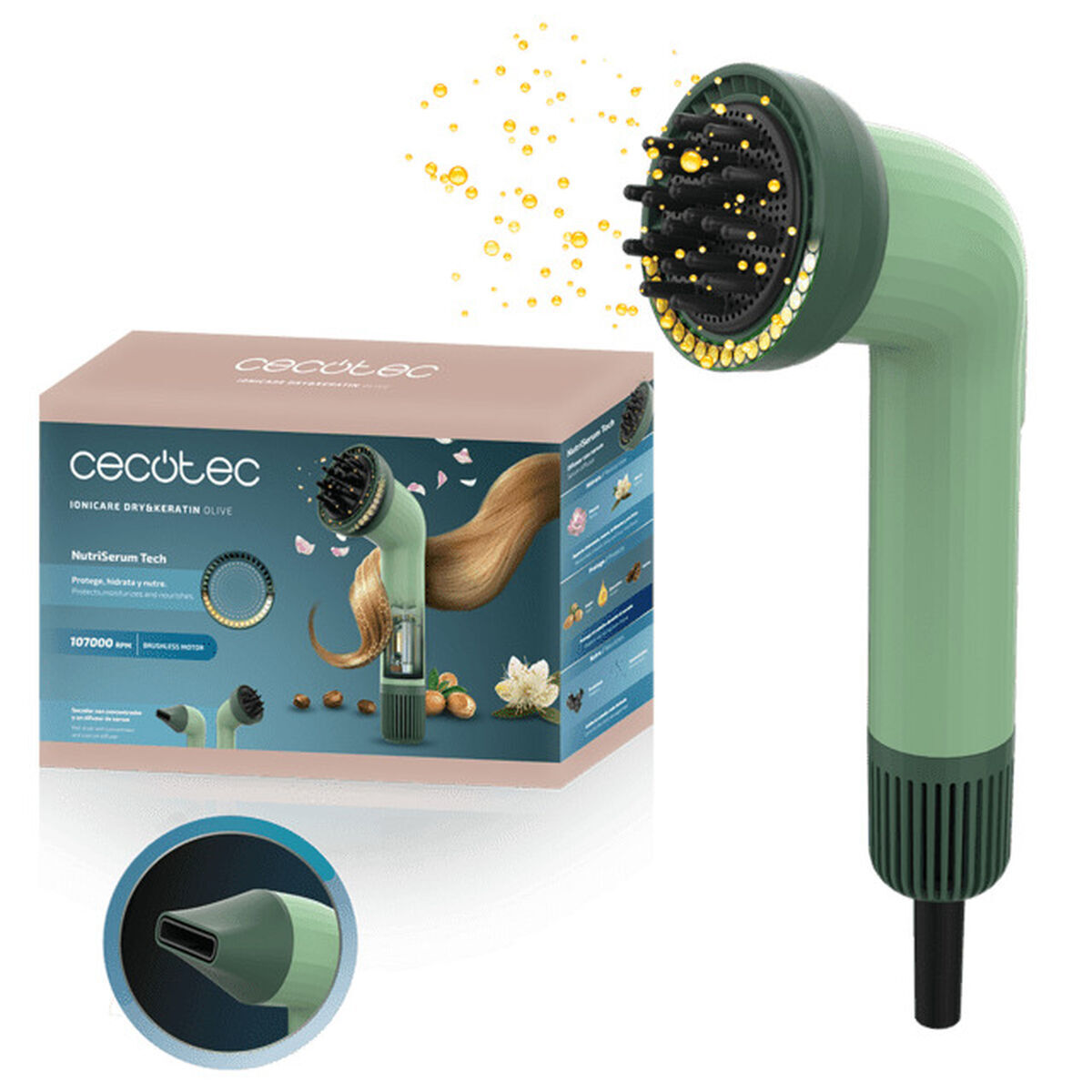 Cecotec Secador de Cabelo IoniCare Dry&Keratin Olive 1200W iónico verde NutriEssence