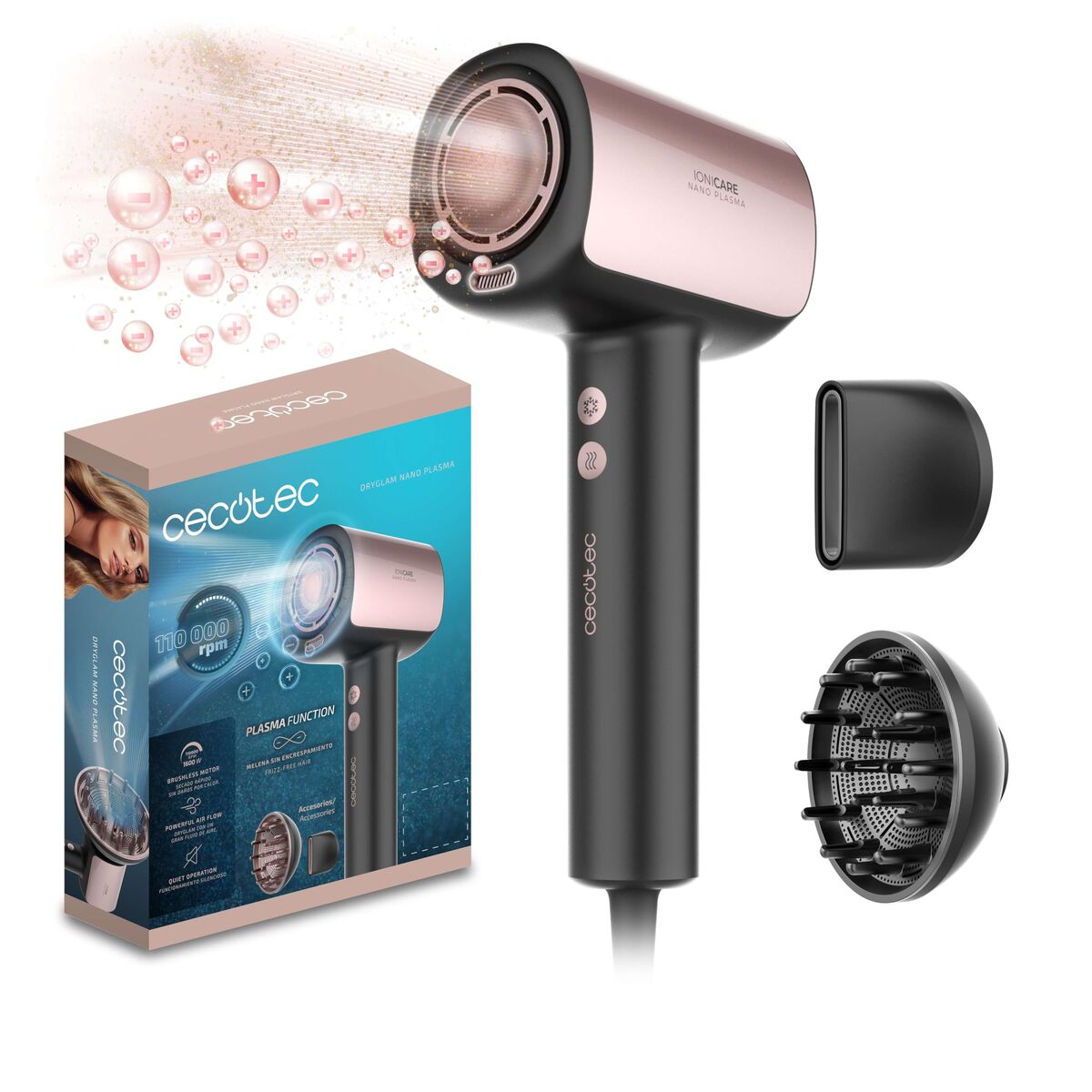 Cecotec Secador de Cabelo DryGlam Nano Plasma 1600W Iónico Silencioso Brushless Preto