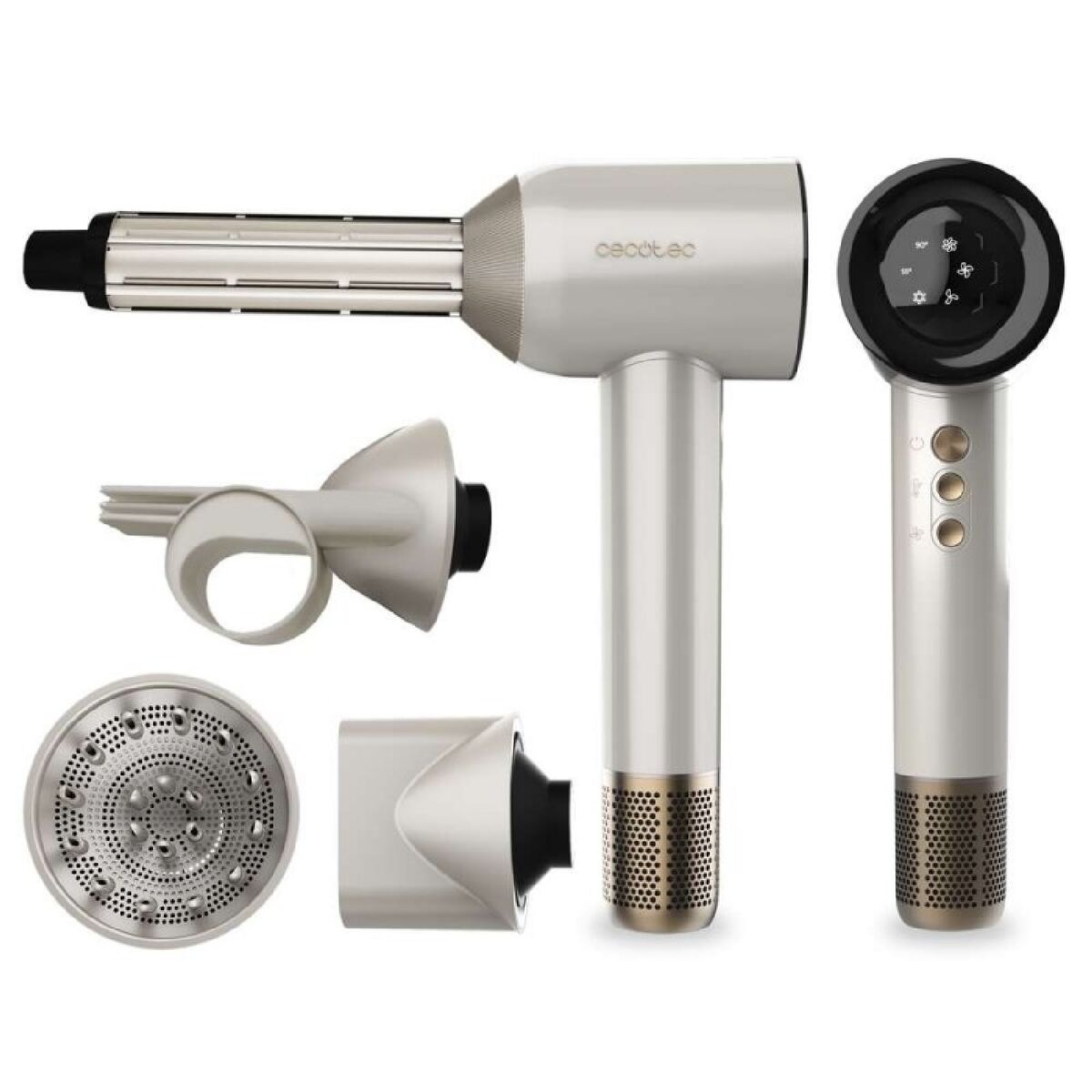 Secador de Cabelo Cecotec DryGlam Waves Champagne 1600W Plasma Coanda 4em1 Display Digital