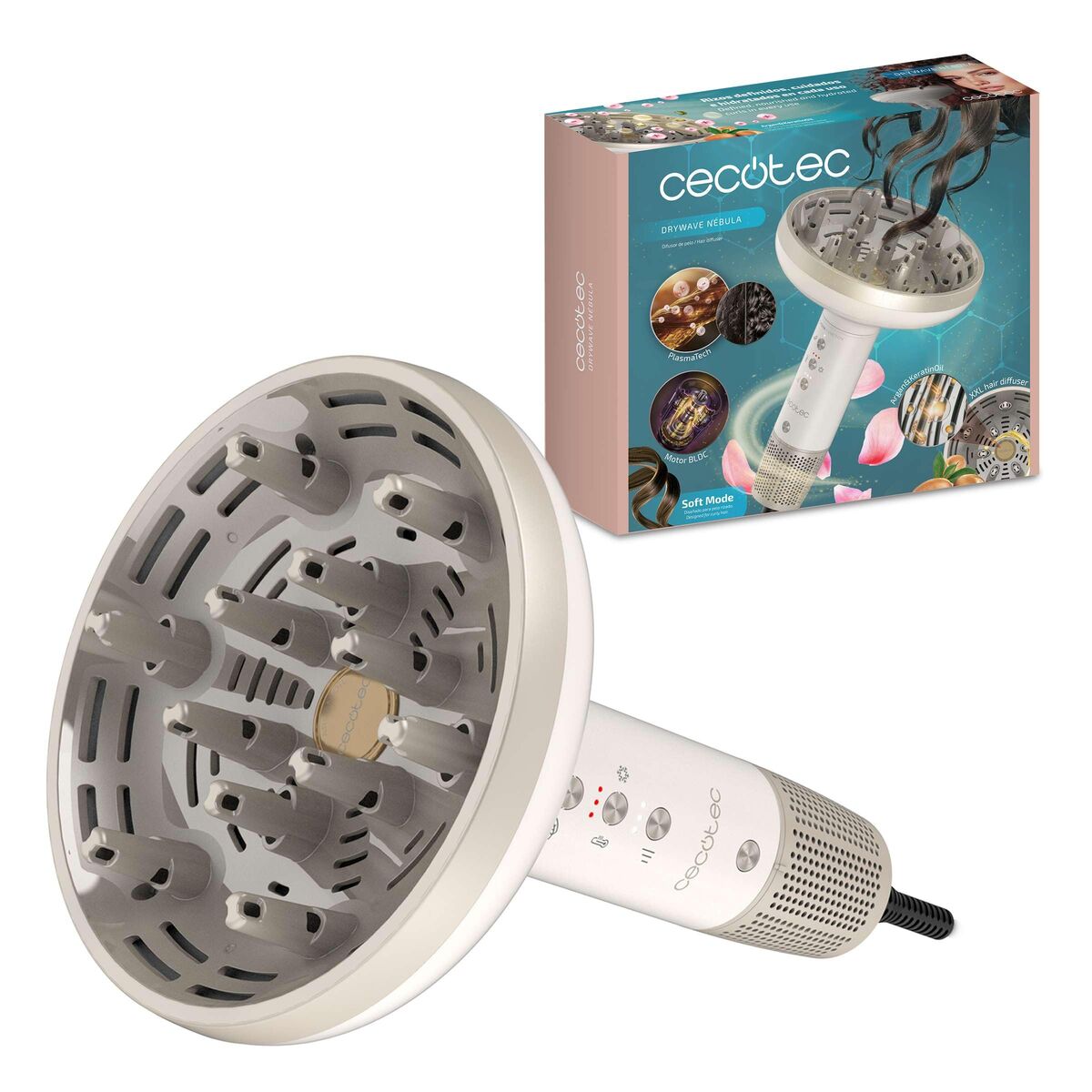 Cecotec Secador de Cabelo com Difusor DryWave Nébula 1300W BLDC PlasmaTech cachos definidos