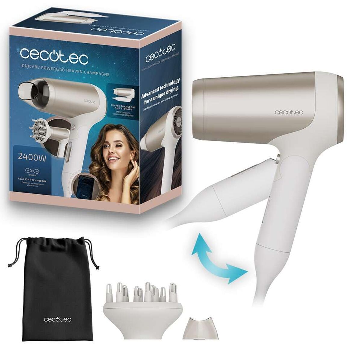 Secador de Cabelo Cecotec IoniCare Power&Go Heaven 2400W Dobrável Difusor Iónico Champanhe
