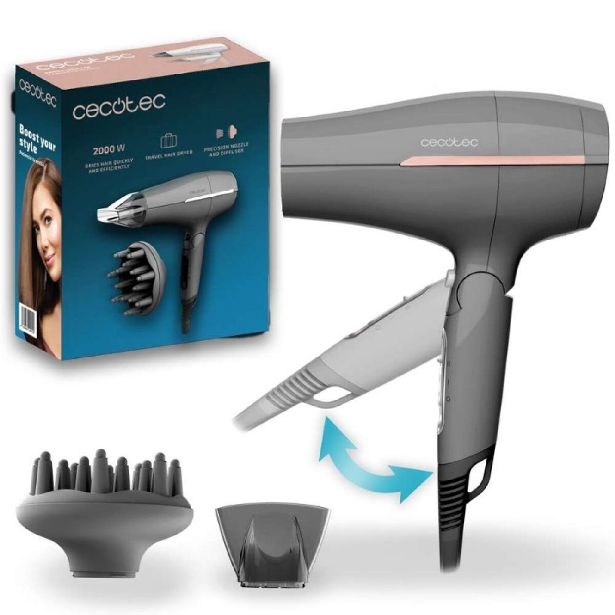 Secador de Cabelo Cecotec IoniCare Power&Go Heaven 2000W Cinza Difusor 2 Velocidades