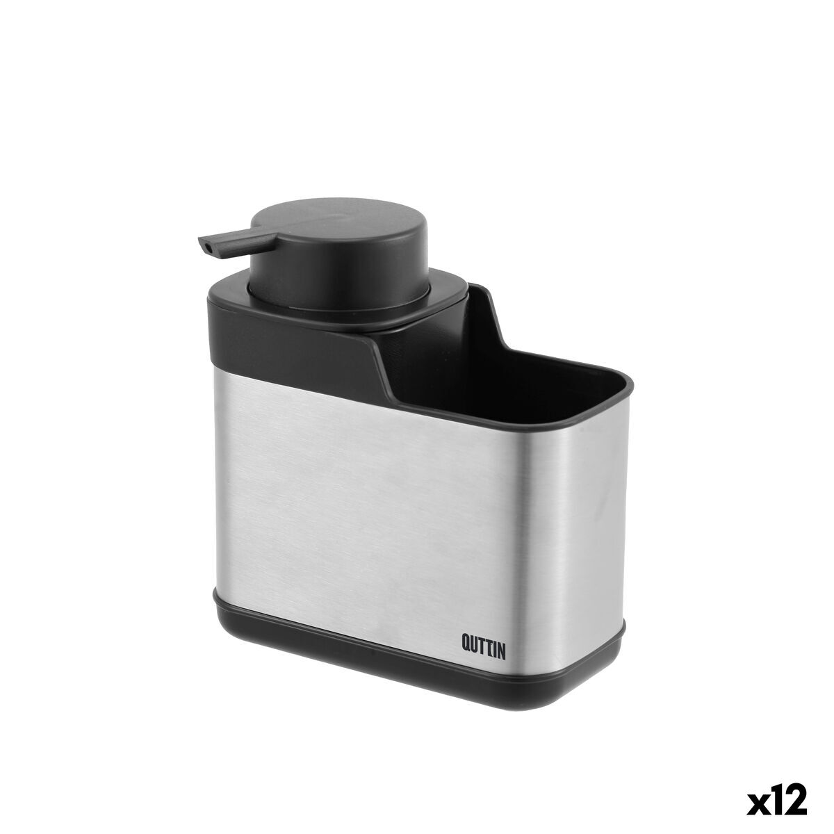 Dispensador de detergente 2 em 1 para lava-louça Quttin 13,6 x 8 x 14,5 cm Preto Prateado (12 Unidades)