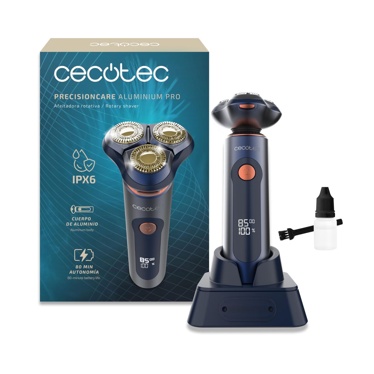 Cecotec Máquina de Barbear PrecisionCare Aluminium Pro azul titânio LCD 80min IPX6 base